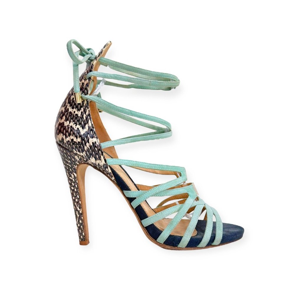 APERLAI PARIS Strappy Lace Up High Heel Sandals, Turquoise, Size 8
